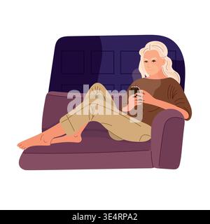 Una donna si rilassa sul divano di notte, utilizzando uno smartphone a casa. Concetto di stile di vita accogliente e comunicazione digitale. Illustrazione vettoriale piatta Illustrazione Vettoriale