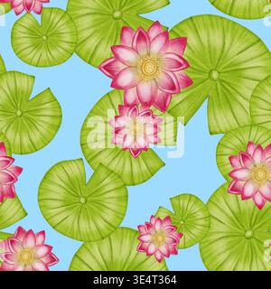 Un motivo ad acquerello senza cuciture caratterizzato da delicati lotusi rosa, ninfee verdi e boccioli di fiori. Ideale per tessuti, carta da parati, arredi romantici Foto Stock