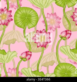 Un motivo ad acquerello senza cuciture caratterizzato da delicati lotusi rosa, ninfee verdi e boccioli di fiori. Ideale per tessuti, carta da parati, arredi romantici Foto Stock