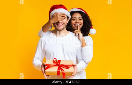 Donna nera che fa sorpresa al ragazzo e gli dà Natale presente Foto Stock