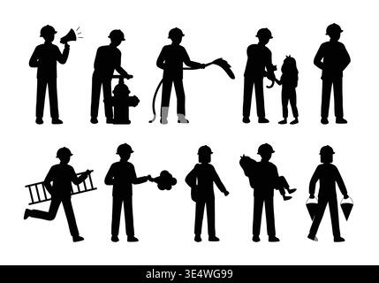 Set di silhouette da vigile del fuoco in bianco e nero in varie situazioni e pose. Vigili del fuoco al lavoro. Illustrazione vettoriale. Illustrazione Vettoriale