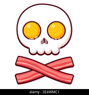 Uova fritte e pancetta a forma di cranio e ossa incrociate. Pericolo di grassi alimentari e colesterolo, concetto nutrizionale. Illustrazione dei vettori alimentari dei cartoni animati. Illustrazione Vettoriale