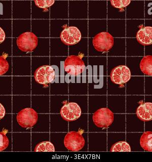 Melograno rosso succoso intero e mezzo su uno sfondo di graziose linee geometriche dorate su sfondo bianco, acquerello dipinto a mano con motivo botanico senza cuciture Foto Stock
