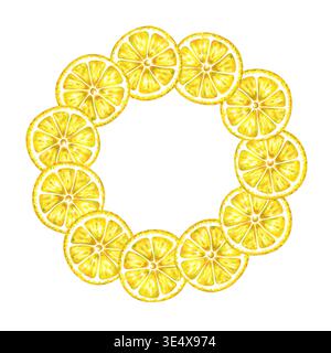Cornice della corona di acquerello dipinta a mano realizzata con fette di limone giallo fresco isolate su sfondo bianco. Intorno agli agrumi per gli inviti alle feste estive Foto Stock