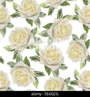 Un motivo ad acquerello senza cuciture caratterizzato da eleganti rose bianche con foglie verdi lussureggianti, perfetto per il design tessile o per scopi decorativi. Foto Stock