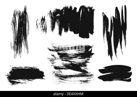 Raccolta tratti pennello grunge. La mano nera disegna strisci di vernice asciutta, linee e linee spesse e disordinate. Macchie vettoriali artistiche di grana ruvida Illustrazione Vettoriale
