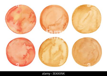 Set di coloranti arancioni per cerchi ad acquerello. Collezione di coloranti rotondi di colore giallo con vernice acquerello. Cerchio dipinto a mano, aquarelle bolle isolate su bianco Illustrazione Vettoriale