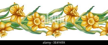 Bordo di narcisi bianchi e gialli senza cuciture ad acquerello. Striscia primaverile disegnata a mano di narcisi per decorazioni pasquali, inviti di nozze e saluto ca Foto Stock