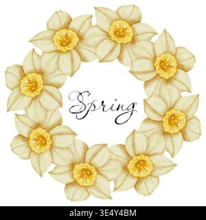 Corona di acqua di primavera con narcisi con foglie verdi. Intimo giardinaggio primaverile e concetto di vacanza pasquale, tessuti, packaging, cartoline, invitati Foto Stock