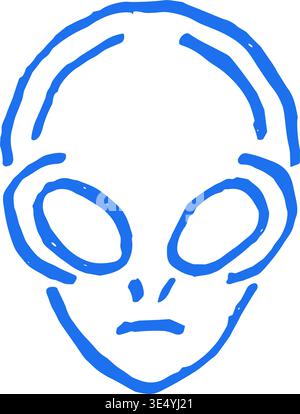 Un personaggio di testa aliena bizzarro e triste in stile doodle disegnato a mano. Questa illustrazione vettoriale ha una texture grunge, che la rende un'icona unica per la fantascienza Illustrazione Vettoriale