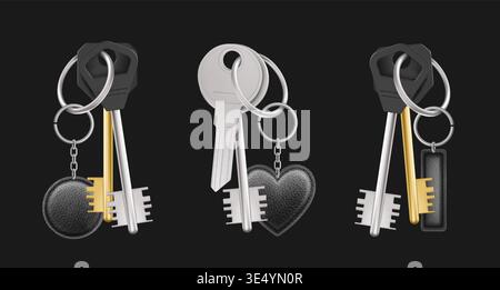 Chiavi in metallo argento e oro con anello in acciaio realistico e pendente in pelle, illustrazioni vettoriali 3D isolate su sfondo nero. Modello di supporto cromato per chiave Home, modello di design Illustrazione Vettoriale