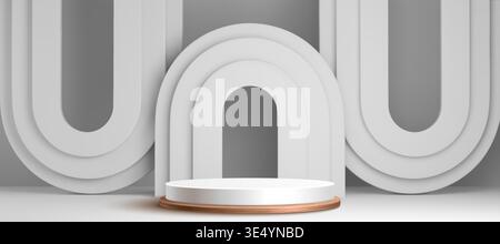 Podio 3D bianco con elegante sfondo ad arco, sfondo vettoriale realistico. Espositore minimalista in legno per presentazioni di lusso in studio pulito, ombre morbide. Piedistallo rotondo vuoto Illustrazione Vettoriale