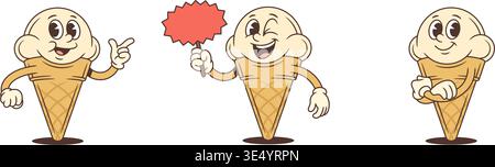 Set di personaggi di gelato a cartoni animati retrò. I punti di raccolta delle mascotte vintage felici, con un cartello in bianco e un aspetto timido. Illustrazione vettoriale funky per st Illustrazione Vettoriale