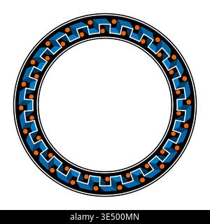 Cornice circolare tridimensionale con schema meandro. Linea a zigzag bianca, simile a una scala, con aree di colore blu oblique che si estendono verso la parte posteriore. Foto Stock