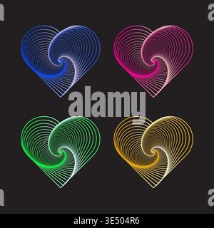 Set icone cuore. Simbolo del vettore a spirale. Colorata forma al neon. Quattro 4 opere d'arte emotiva. Solo vettore manuale. Nessuna traccia automatica utilizzata. EPS 10. Illustrazione Vettoriale