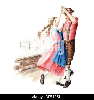 Danze popolari tedesche. Un paio di ballerini in costumi nazionali. Illustrazione ad acquerello disegnata a mano isolata su sfondo bianco Foto Stock