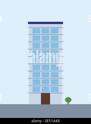 Facciata semplice di un edificio d'affari, esterno pulito con finestre blu. Architettura urbana contemporanea. Illustrazione Vettoriale