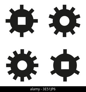 Gruppo ingranaggi motore. Vettore ruota dentata solida. Quattro 4 simboli. Icona meccanica industriale. Solo vettore manuale. Nessuna traccia automatica utilizzata. EPS 10. Illustrazione Vettoriale