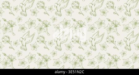 Modello di schizzo primavera senza cuciture con uccelli volanti, rami di alberi con fiori, sfondo vettoriale. Design in tessuto botanico vintage, texture floreale monocromatica verde, fiore di magnolia disegnato a mano Illustrazione Vettoriale