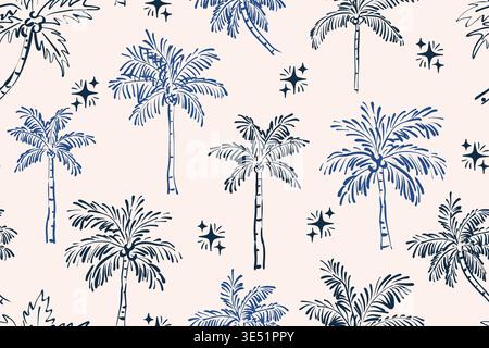 Schema vettoriale senza cuciture di palme e stelle blu navy disegnate a mano su sfondo crema. Questo design tropicale è perfetto per l'abbigliamento estivo, Illustrazione Vettoriale
