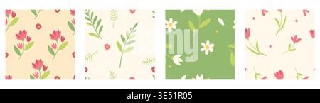 Motivo floreale senza cuciture, set di motivi fantasiosi, illustrazioni vettoriali dei cartoni animati. Sfondi colorati con fiori selvatici e foglie, stampe primaverili ed estive, simpatici sfondi semplici per bambini o per ragazze Illustrazione Vettoriale