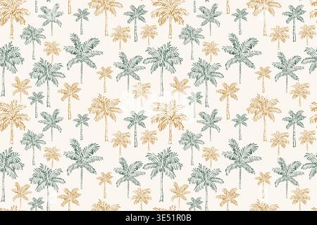 Fantasia vettoriale senza cuciture di palme verdi e dorate disegnate a mano su sfondo crema chiaro. Questo disegno tropicale è perfetto per l'estate Illustrazione Vettoriale