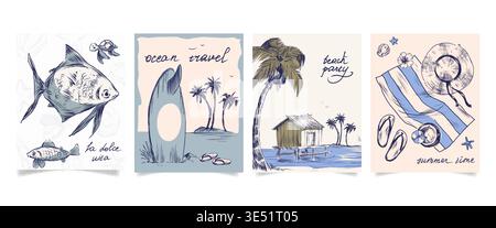 Cartoline da spiaggia vintage con palme, asciugamano a righe, capanna e tavola da surf. Illustrazione vettoriale della costa marina tropicale, poster del paradiso estivo con paesaggi retrò disegnati a mano, stampa t-shirt Illustrazione Vettoriale