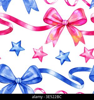 Disegno ad acquerello senza cuciture con archi, nastri e piccole stelle blu e rosa. Questo design natalizio è caratterizzato da vivaci texture acquerello Foto Stock