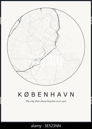 Design di poster della mappa della città di Copenaghen. Mappa stradale di Copenhagen Danimarca. Rete stradale minimalista in bianco e nero con quartiere centrale per arte murale Illustrazione Vettoriale