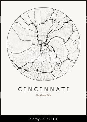 Poster della mappa della città di Cincinnati. Mappa stradale di Cincinnati Stati Uniti. Rete stradale minimalista in bianco e nero con quartiere del centro Illustrazione Vettoriale