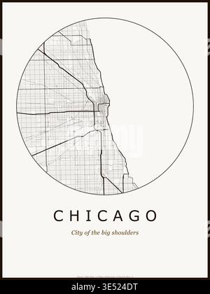 Design di poster della mappa della città di Chicago. Mappa stradale di Chicago, Stati Uniti. Rete stradale minimalista in bianco e nero con quartiere centrale per arte murale Illustrazione Vettoriale