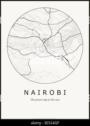 Design del poster della mappa della città di Nairobi. Mappa stradale di Nairobi Kenya. Rete stradale minimalista in bianco e nero con quartiere del centro per la casa di arte muraria Illustrazione Vettoriale