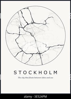 Design del poster della mappa della città di Stoccolma. Mappa stradale di Stoccolma Svezia. Rete stradale minimalista in bianco e nero con quartiere centrale per arte murale Illustrazione Vettoriale
