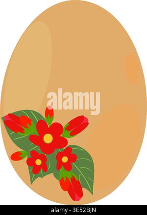 Vettore uovo di Pasqua isolato su sfondo trasparente. Uovo beige con fiori rossi e foglie verdi. Elemento di design tradizionale per le vacanze primaverili Illustrazione Vettoriale