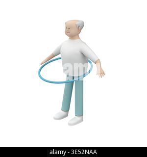 Personaggio senior su sfondo bianco con hula hoop, rendering 3d. Foto Stock