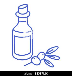 Bottiglia di olio d'oliva con olive in stile icona. Icona disegnata a mano. Illustrare l'illustrazione isolata del vettore. Illustrazione Vettoriale