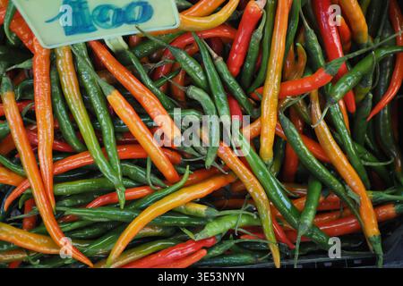 Peperoncini colorati in una bancarella del mercato nel pomeriggio Foto Stock