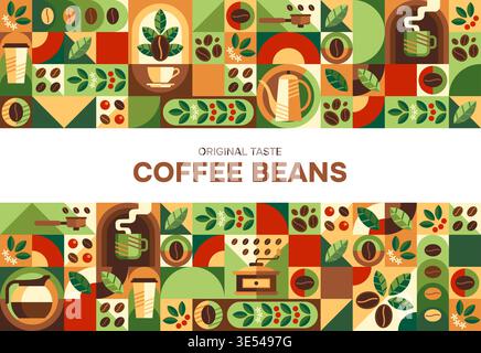 Striscione di caffè tostato con motivo geometrico, con tazza per bevande, tazza, pentola e bollitore, macinacaffè, foglie, bacche e semi o fagioli. Sfondo Vector retro moderno con piastrelle per menu', bevande e birre Illustrazione Vettoriale