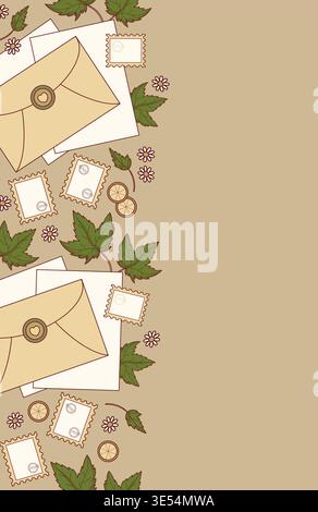 Stile di vita lento, Vintage mail bordo senza cuciture. Busta Craft con sigillo di cera, timbro postale, foglie su sfondo beige. Scrittura di lettere artigianali. Alt. Verticale Illustrazione Vettoriale