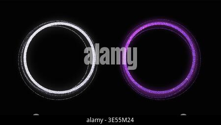 Anelli circolari luminosi in metallo con brillante bagliore al neon, una cornice luminosa bianca e una viola, futuristica su sfondo scuro, perfetti per banner, loghi e illustrazioni vettoriali dell'interfaccia utente Illustrazione Vettoriale