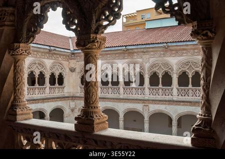 Patio decorato in stile gotico Isabellino del Colegio de San Gregorio a Valladolid, in Spagna, con intricate incisioni in pietra, gallerie ad arco e colonne. Foto Stock