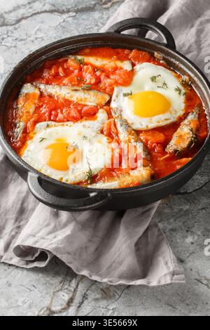 Uova e sardine fritte calde cotte in una folta salsa di pomodoro rosso con le erbe da vicino in una padella sul tavolo. Verticale Foto Stock