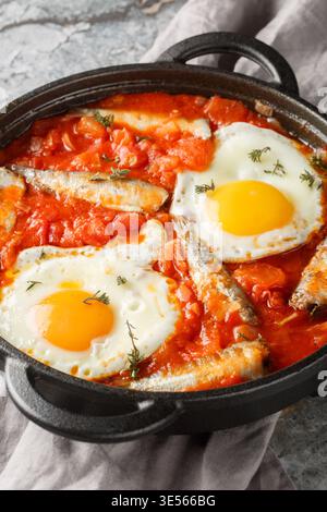 Uova fritte con sardine in scatola e verdure sospese in salsa di pomodoro da vicino in una padella sul tavolo. Verticale Foto Stock