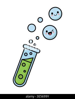 Provetta per analisi chimica con liquido verde e caratteri a bolle sorridenti illustrazione del vettore di laboratorio Illustrazione Vettoriale