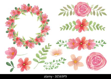 Set floreale acquerello con ghirlande e ghirlande. Illustrazione botanica disegnata a mano. La disposizione di fiori rossi e piante verdi è perfetta per gli inviti Foto Stock