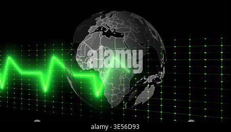 Forma d'onda ECG al neon pulsante che attraversa il globo 3D nell'interfaccia di monitoraggio, con griglia luminosa Foto Stock
