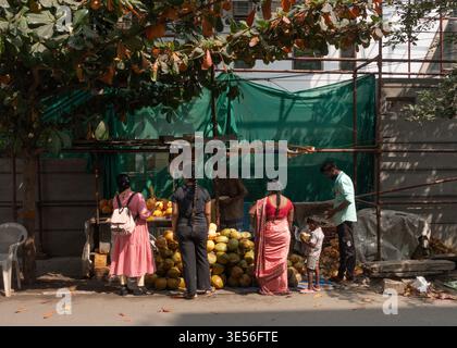 Persone che comprano noci di cocco da un venditore ambulante a Tiruchirappalli, Trichy, Tamil Nadu, India Foto Stock