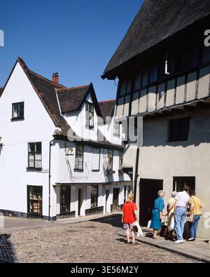 Regno Unito. Inghilterra. Norfolk. Norwich. Gente a Elm Hill Lane. Foto Stock