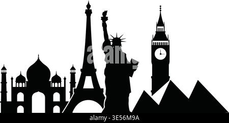 Iconici simboli del mondo silhouette con monumenti famosi come la Statua della libertà, la Torre del Big Ben e la Torre Eiffel Illustrazione Vettoriale