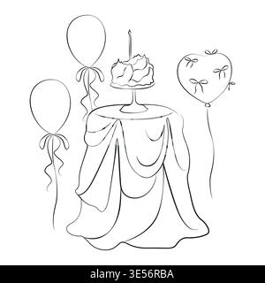 Modello di biglietto di compleanno disegnato a mano, composto da tavolo rotondo per banchetti, palloncini, fiocchi e torta di compleanno in una grafica grafica di linea Illustrazione Vettoriale